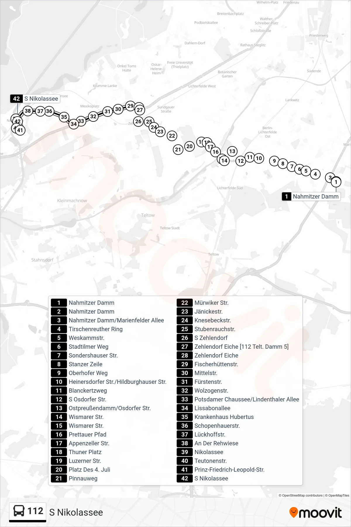 Linie 112 (Bus) Richtung S Nikolassee: Route und Haltestellen auf der Karte