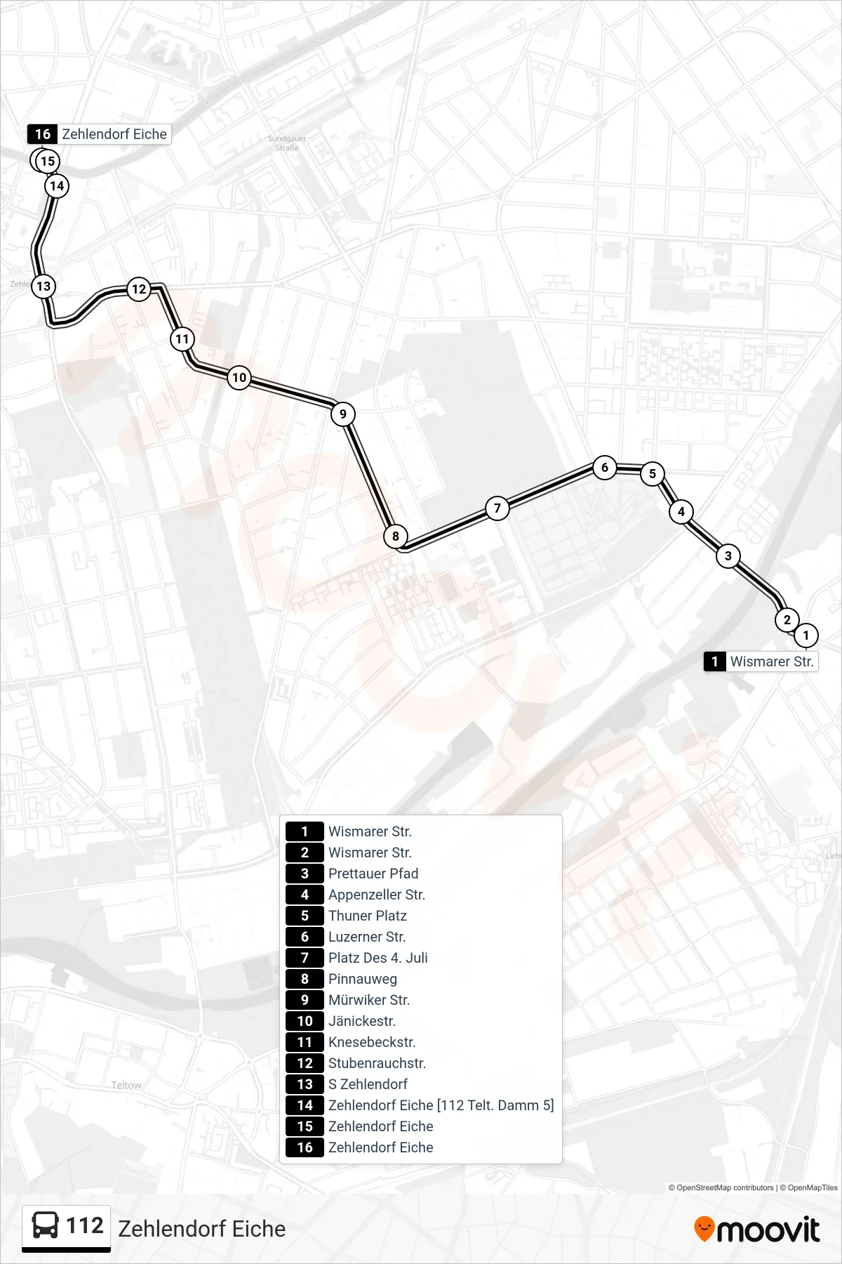 Linie 112 (Bus) Richtung Zehlendorf Eiche: Route und Haltestellen auf der Karte