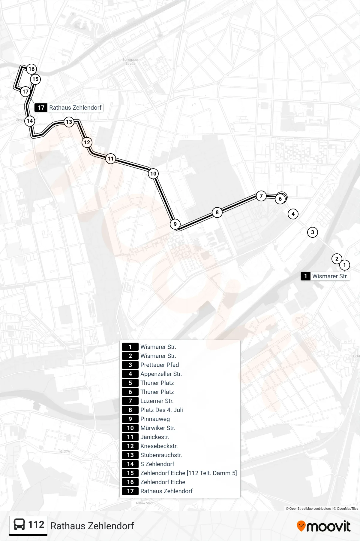Linie 112 (Bus) Richtung Rathaus Zehlendorf: Route und Haltestellen auf der Karte