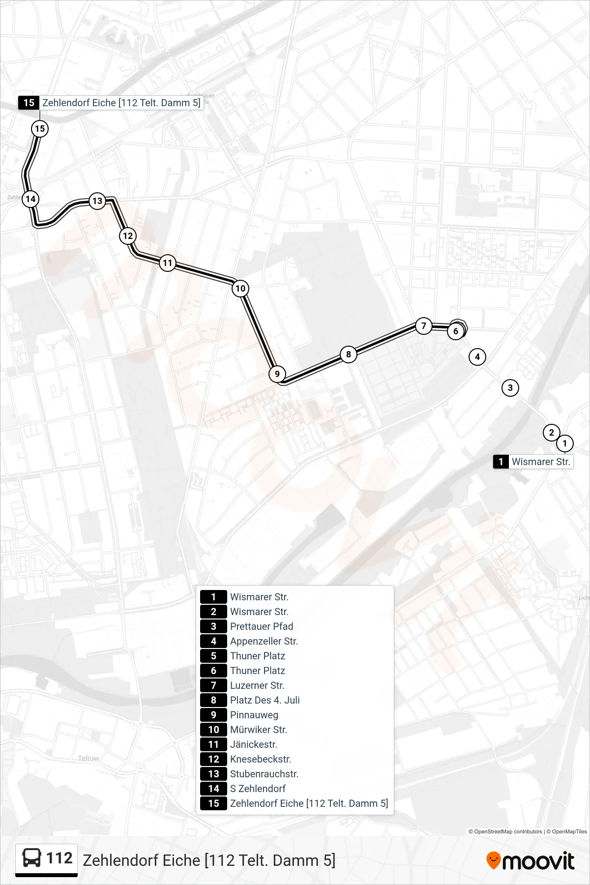 Linie 112 (Bus) Richtung Zehlendorf Eiche [112 Telt. Damm 5]: Route und Haltestellen auf der Karte
