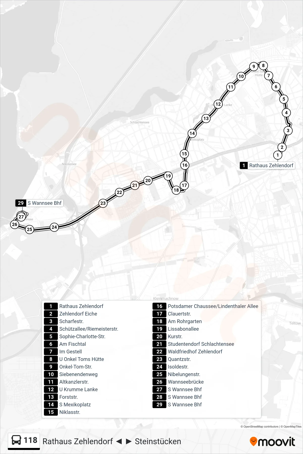 Linie 118 (Bus) Richtung S Wannsee Bhf: Route und Haltestellen auf der Karte