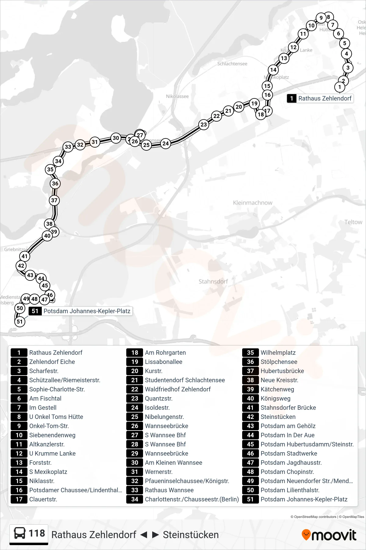 Linie 118 (Bus) Richtung Potsdam Johannes-Kepler-Platz: Route und Haltestellen auf der Karte
