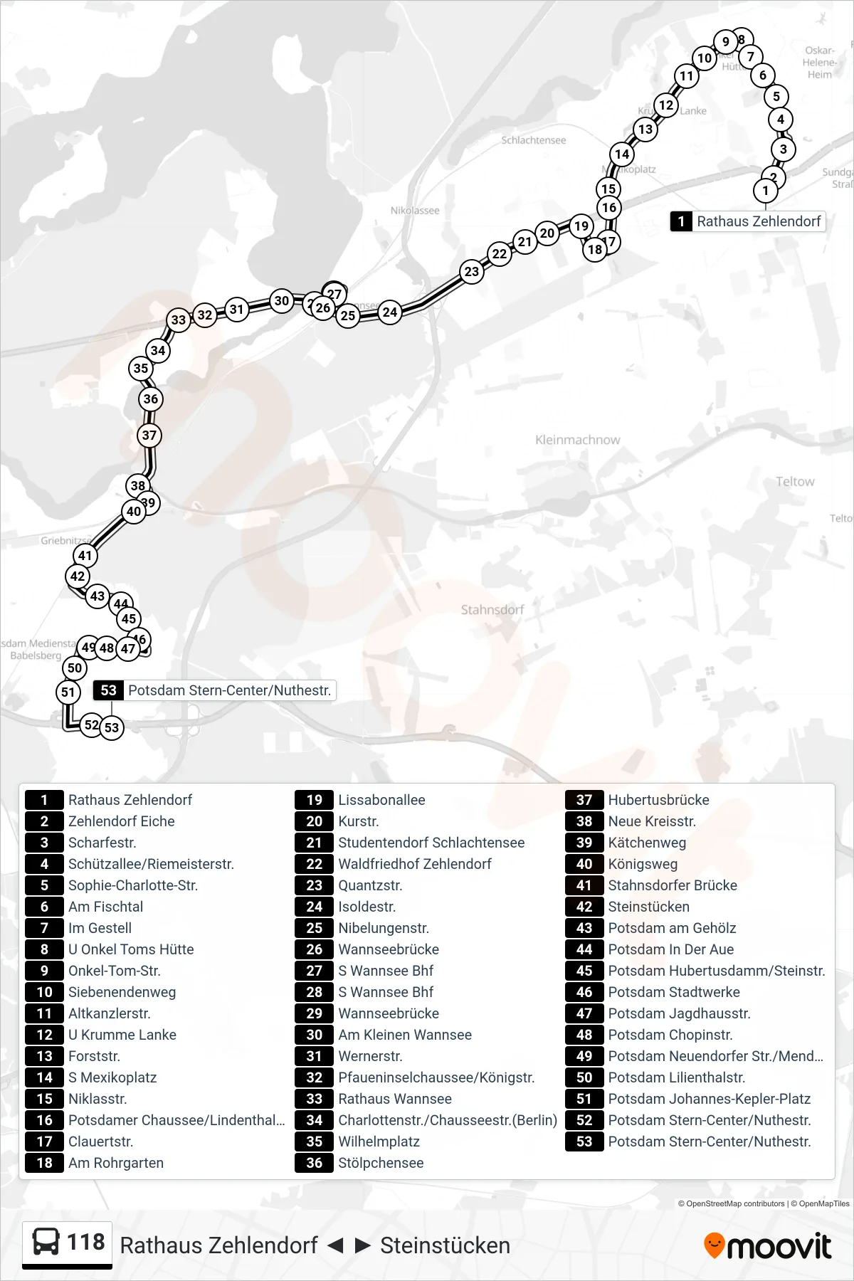 118 bus Line (Potsdam Stern-Center/Nuthestr.) route and stops on a map