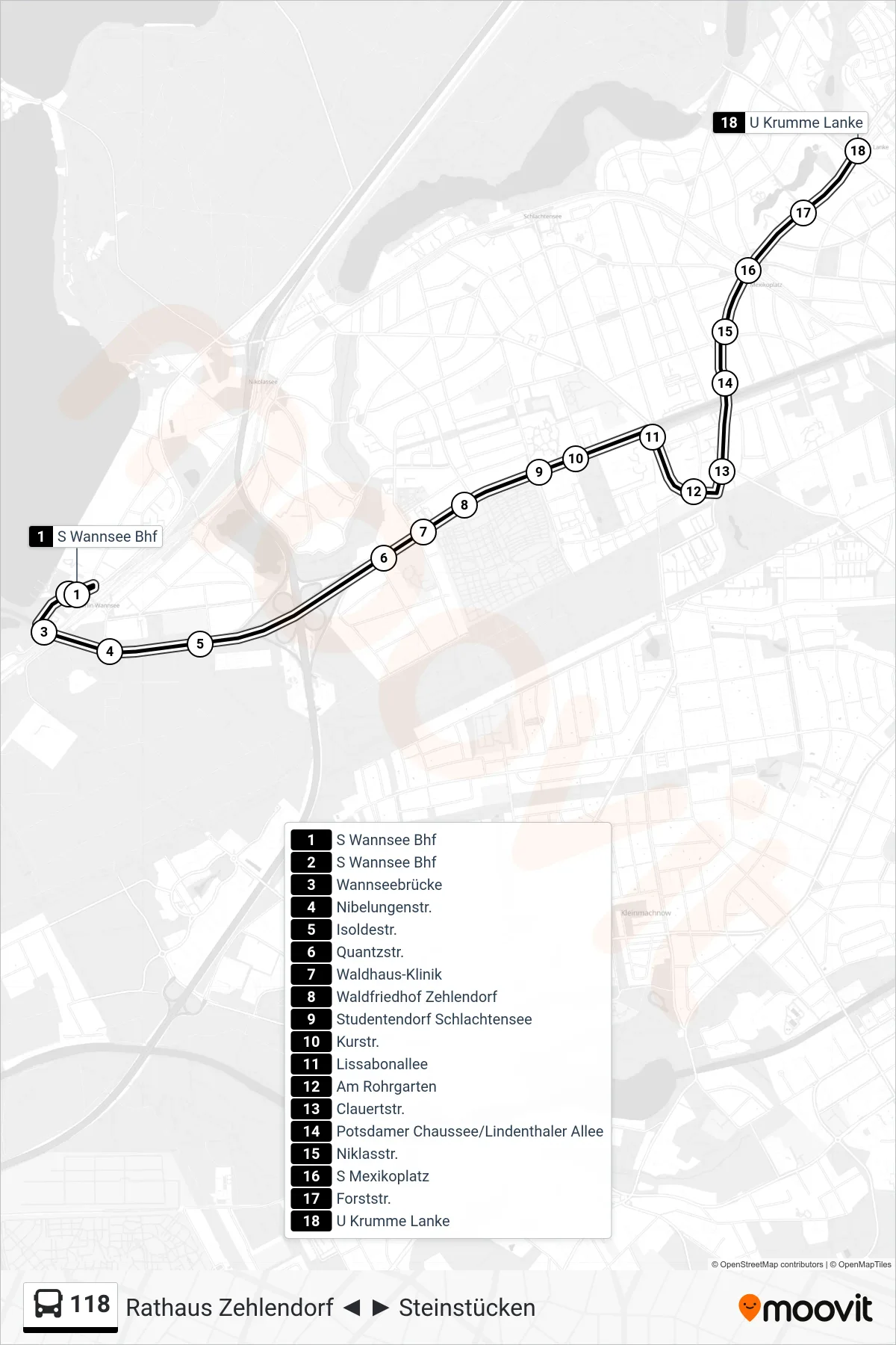 Linie 118 (Bus) Richtung U Krumme Lanke: Route und Haltestellen auf der Karte