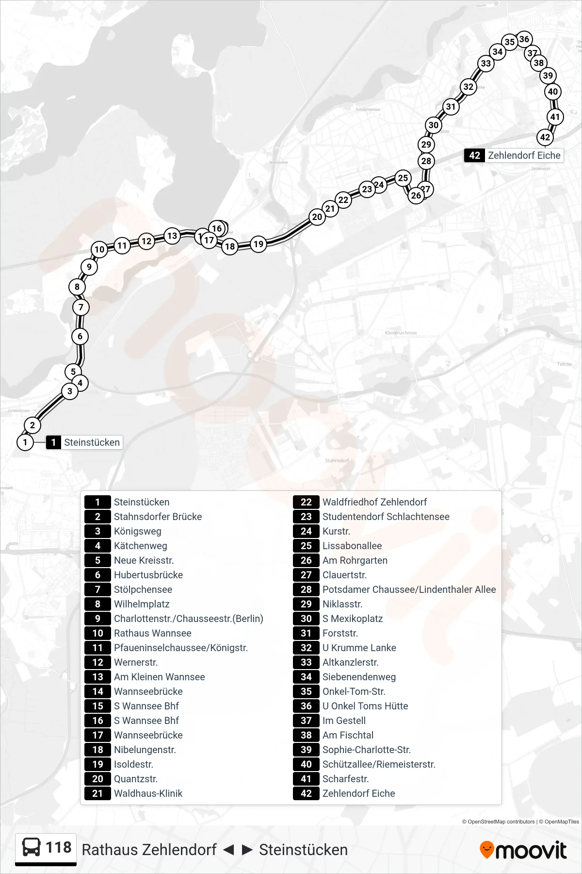 Linie 118 (Bus) Richtung Zehlendorf Eiche: Route und Haltestellen auf der Karte
