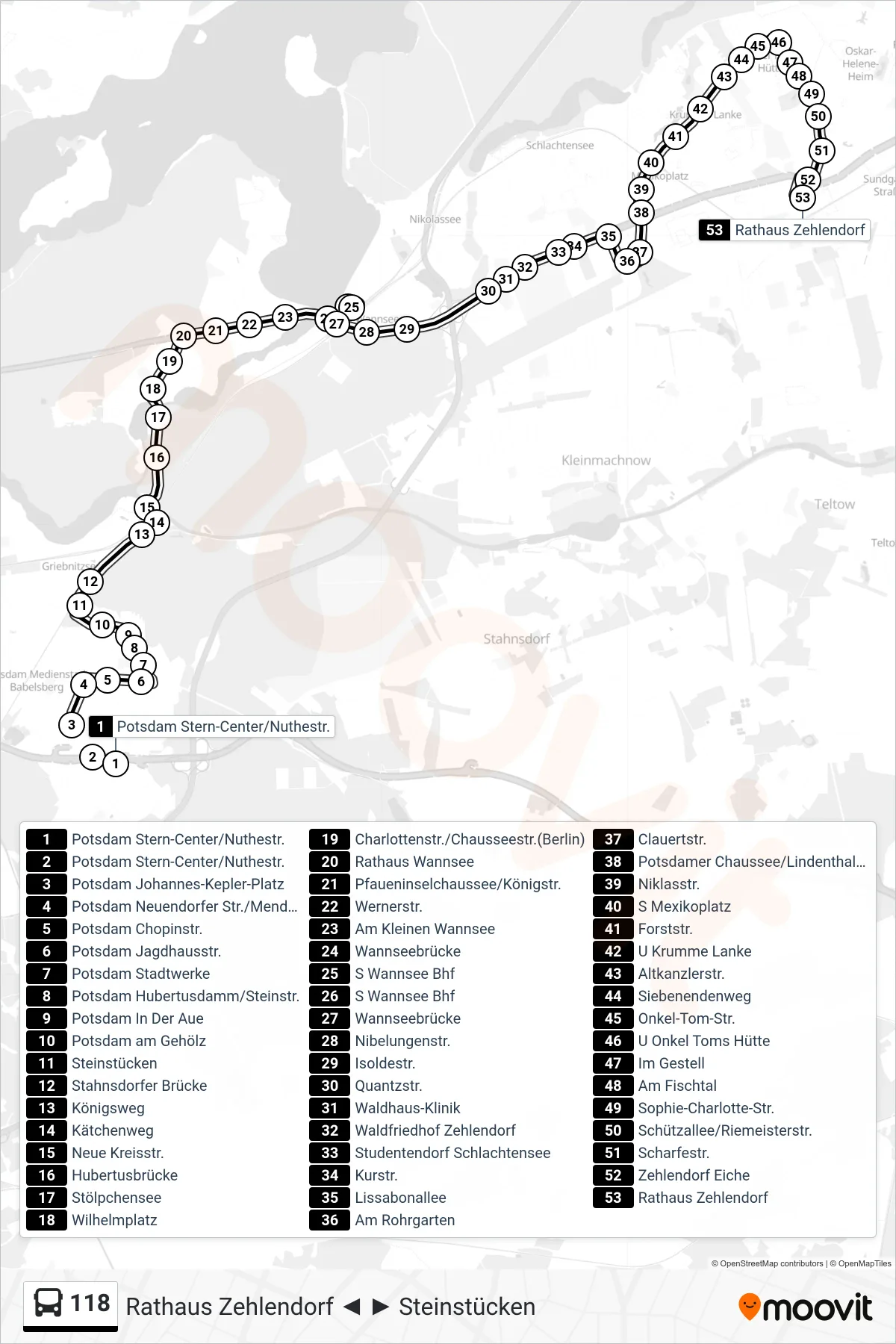 Linie 118 (Bus) Richtung Rathaus Zehlendorf: Route und Haltestellen auf der Karte