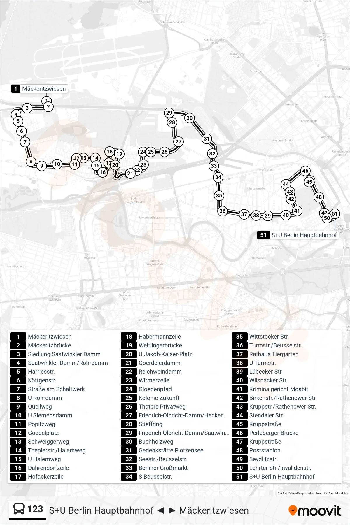 Linie 123 (Bus) Richtung S+U Berlin Hauptbahnhof: Route und Haltestellen auf der Karte