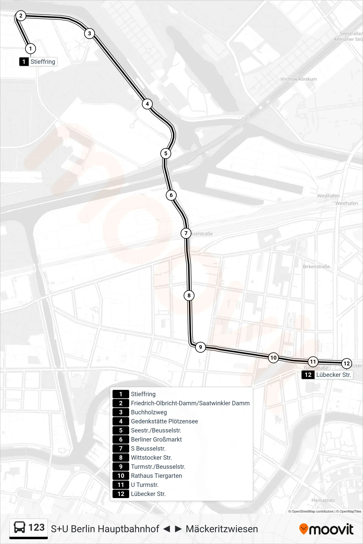 Linie 123 (Bus) Richtung Lübecker Str.: Route und Haltestellen auf der Karte