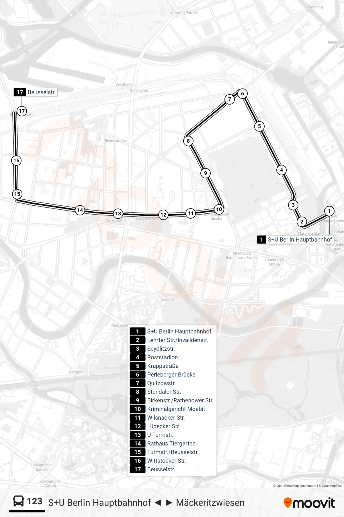 Linie 123 (Bus) Richtung S Beusselstr.: Route und Haltestellen auf der Karte