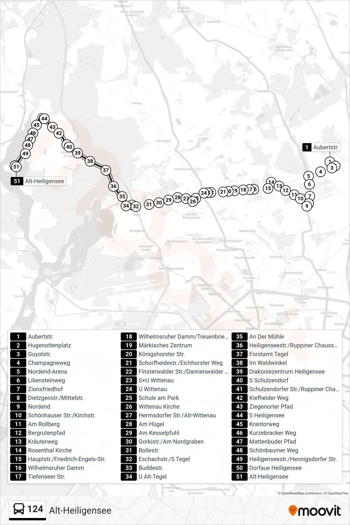 Linie 124 (Bus) Richtung Alt-Heiligensee: Route und Haltestellen auf der Karte