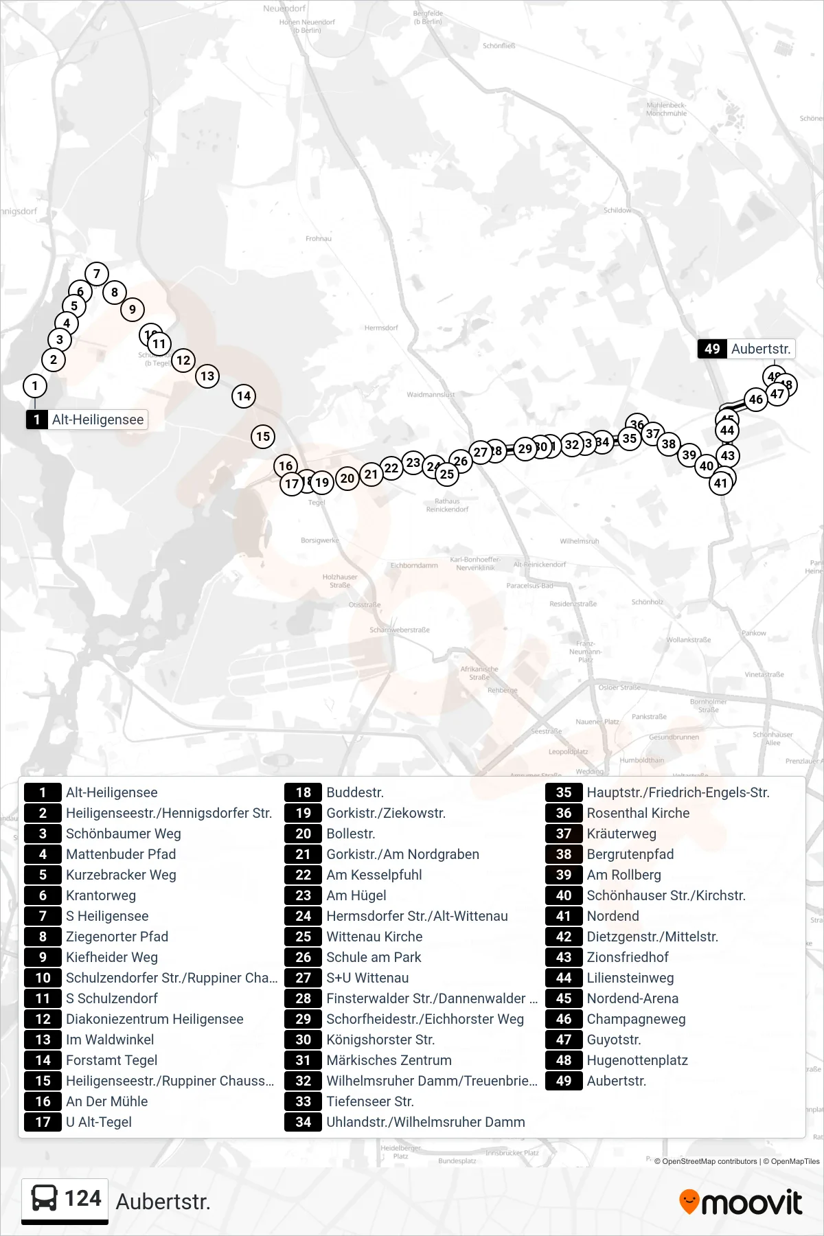 Linie 124 (Bus) Richtung Aubertstr.: Route und Haltestellen auf der Karte