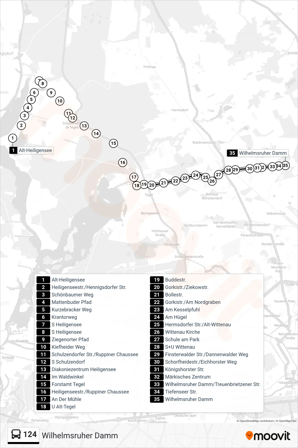 Linie 124 (Bus) Richtung Wilhelmsruher Damm: Route und Haltestellen auf der Karte