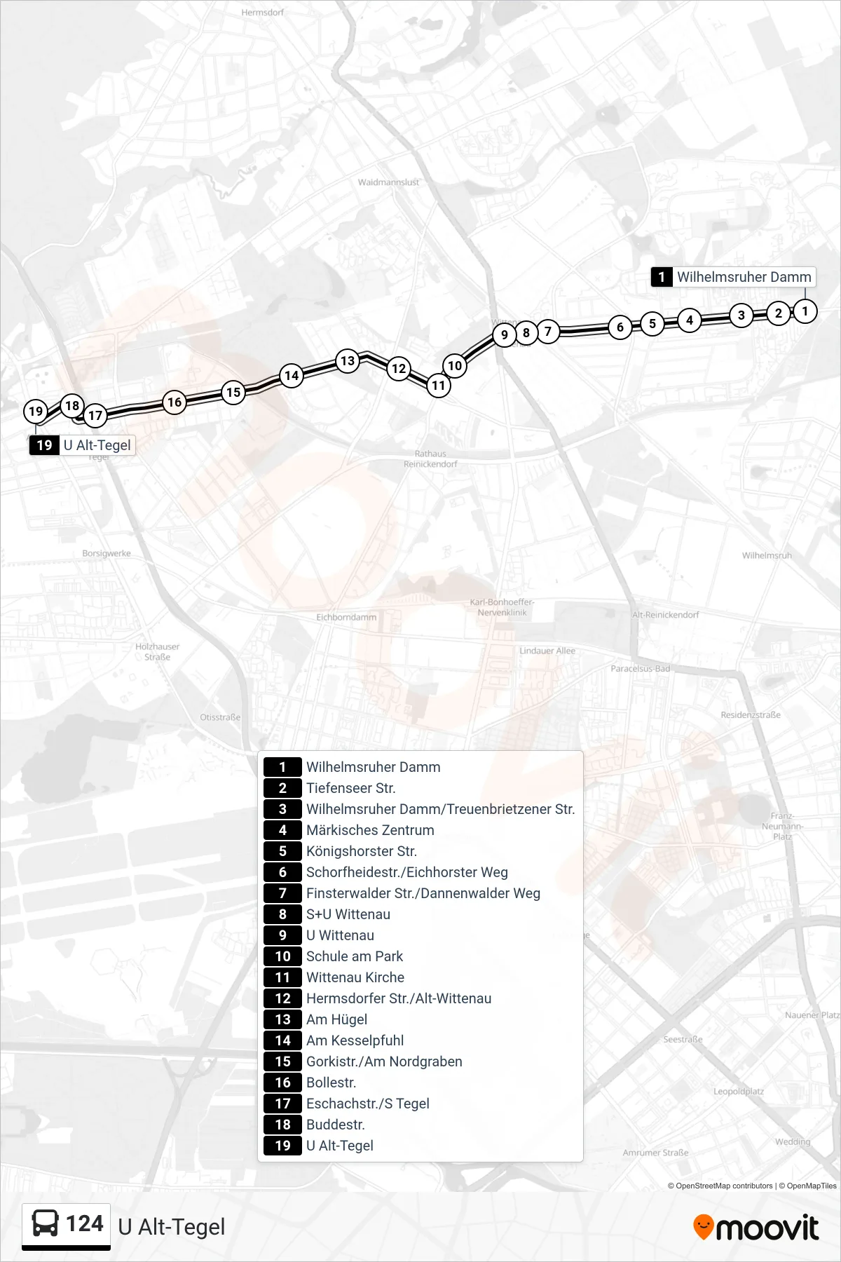 Linie 124 (Bus) Richtung U Alt-Tegel: Route und Haltestellen auf der Karte