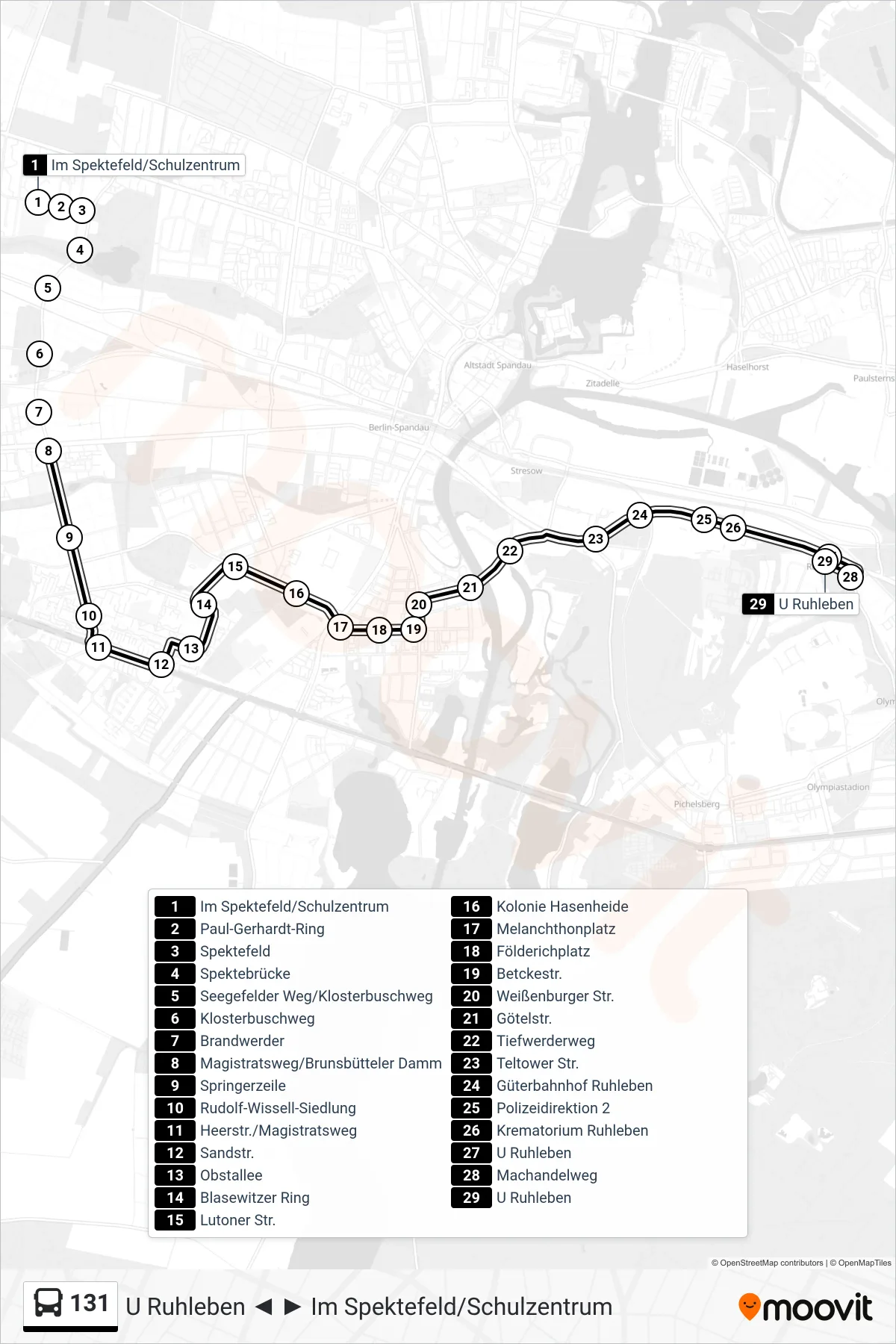 Linie 131 (Bus) Richtung U Ruhleben: Route und Haltestellen auf der Karte