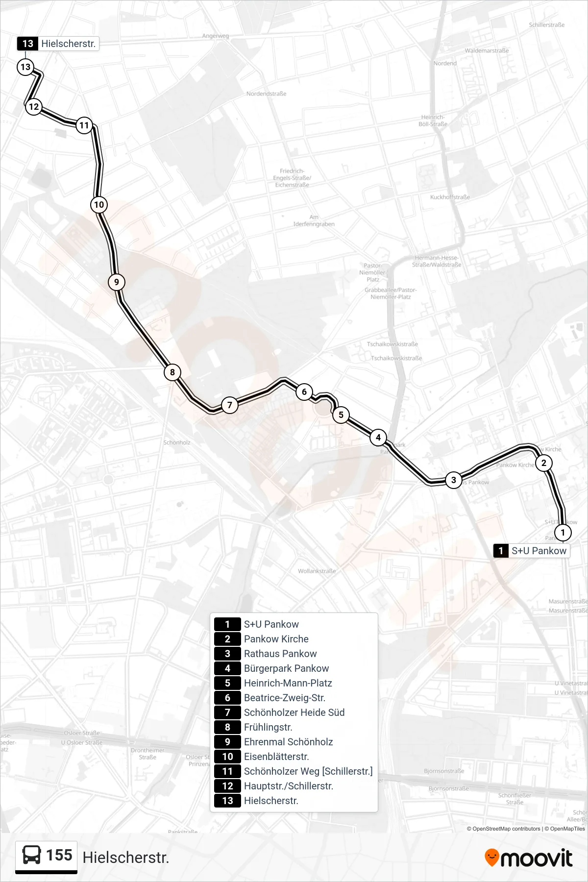 155 bus Line (Hielscherstr.) route and stops on a map