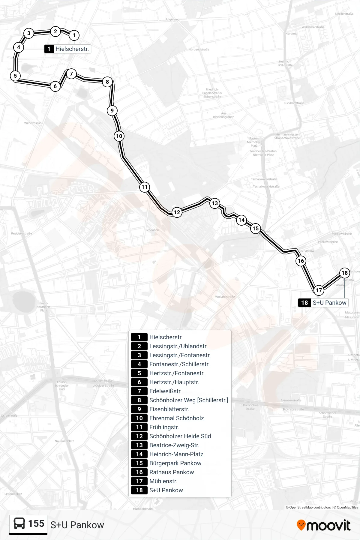 Linie 155 (Bus) Richtung S+U Pankow: Route und Haltestellen auf der Karte