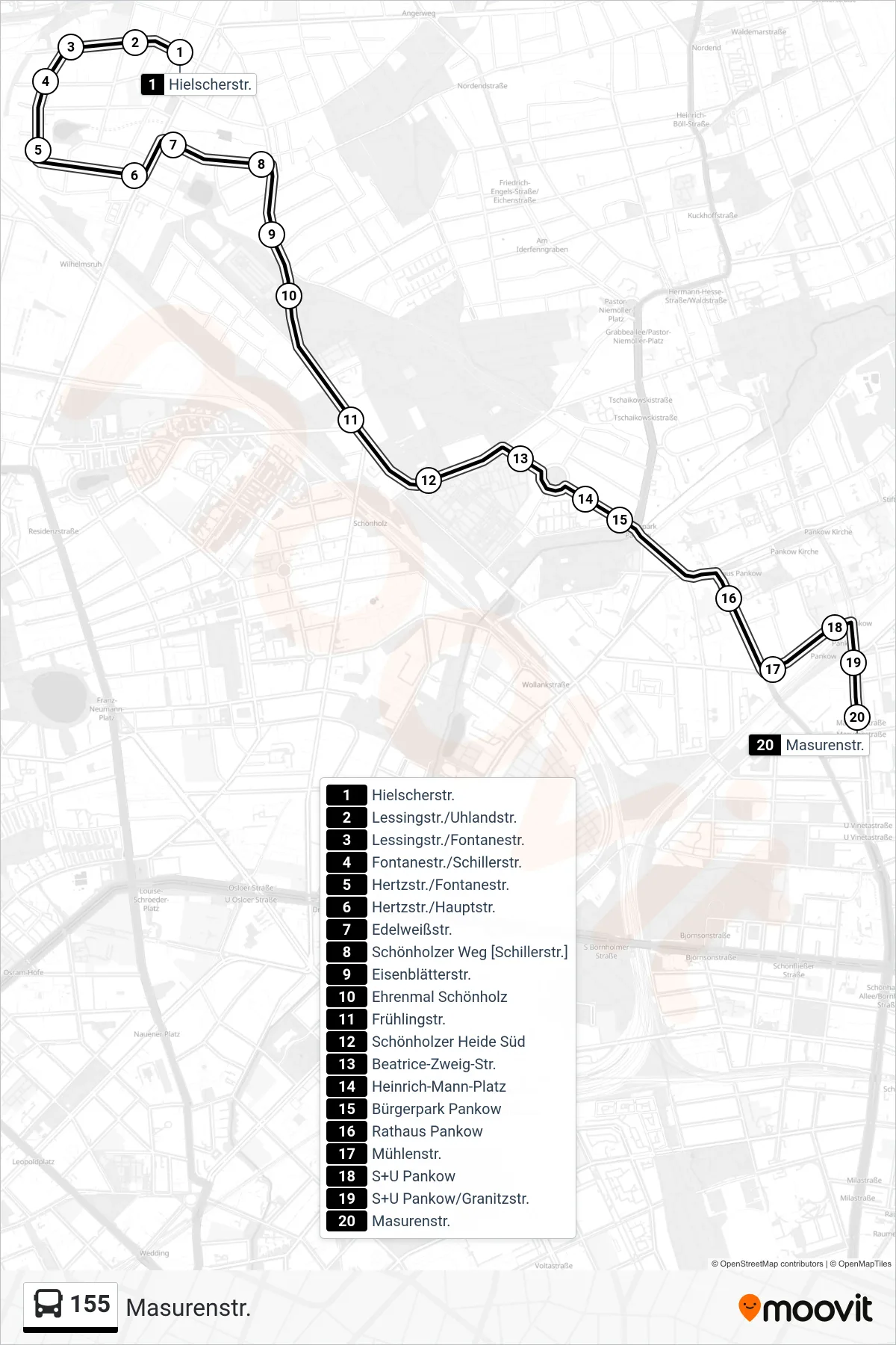 Linie 155 (Bus) Richtung Masurenstr.: Route und Haltestellen auf der Karte