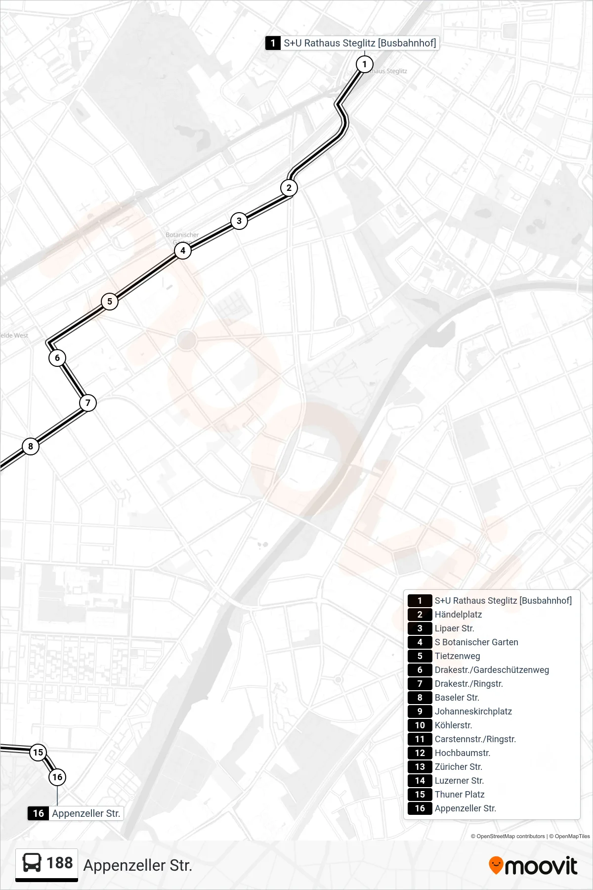 Linie 188 (Bus) Richtung Appenzeller Str.: Route und Haltestellen auf der Karte