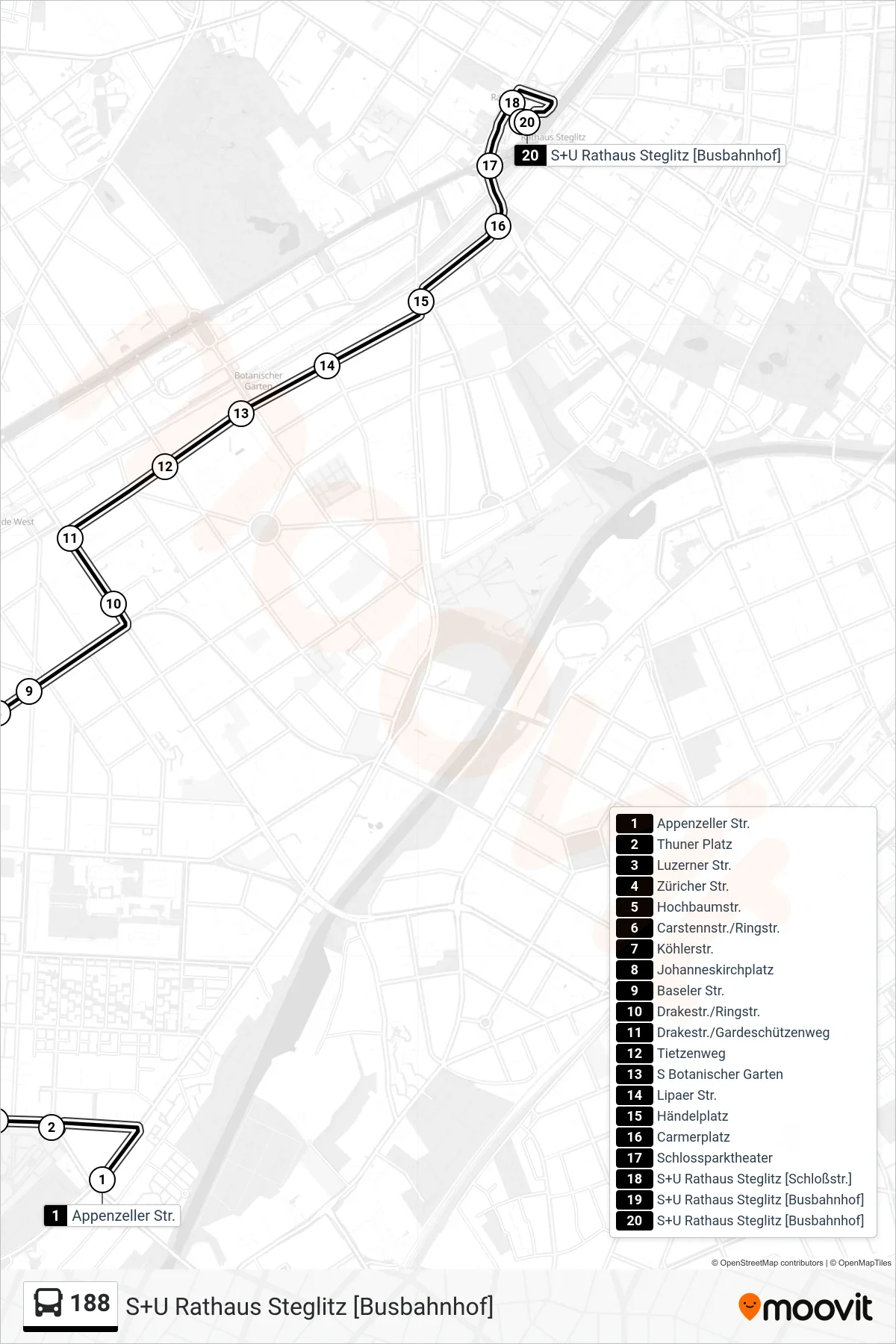 Linie 188 (Bus) Richtung S+U Rathaus Steglitz [Busbahnhof]: Route und Haltestellen auf der Karte
