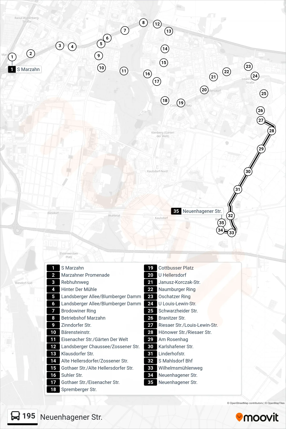 Linie 195 (Bus) Richtung Neuenhagener Str.: Route und Haltestellen auf der Karte