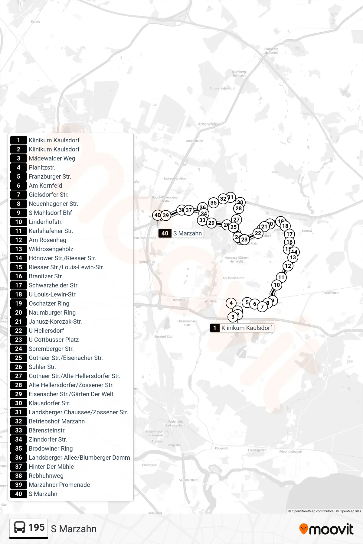 Linie 195 (Bus) Richtung S Marzahn: Route und Haltestellen auf der Karte