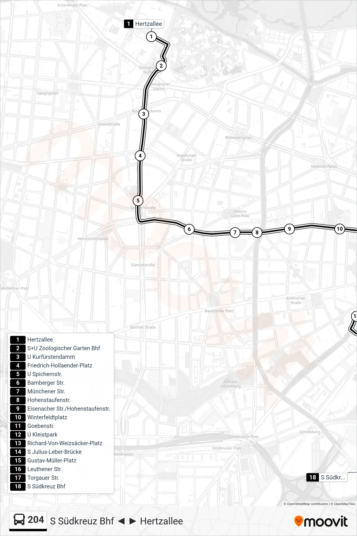 204 bus Line (S Südkreuz Bhf) route and stops on a map