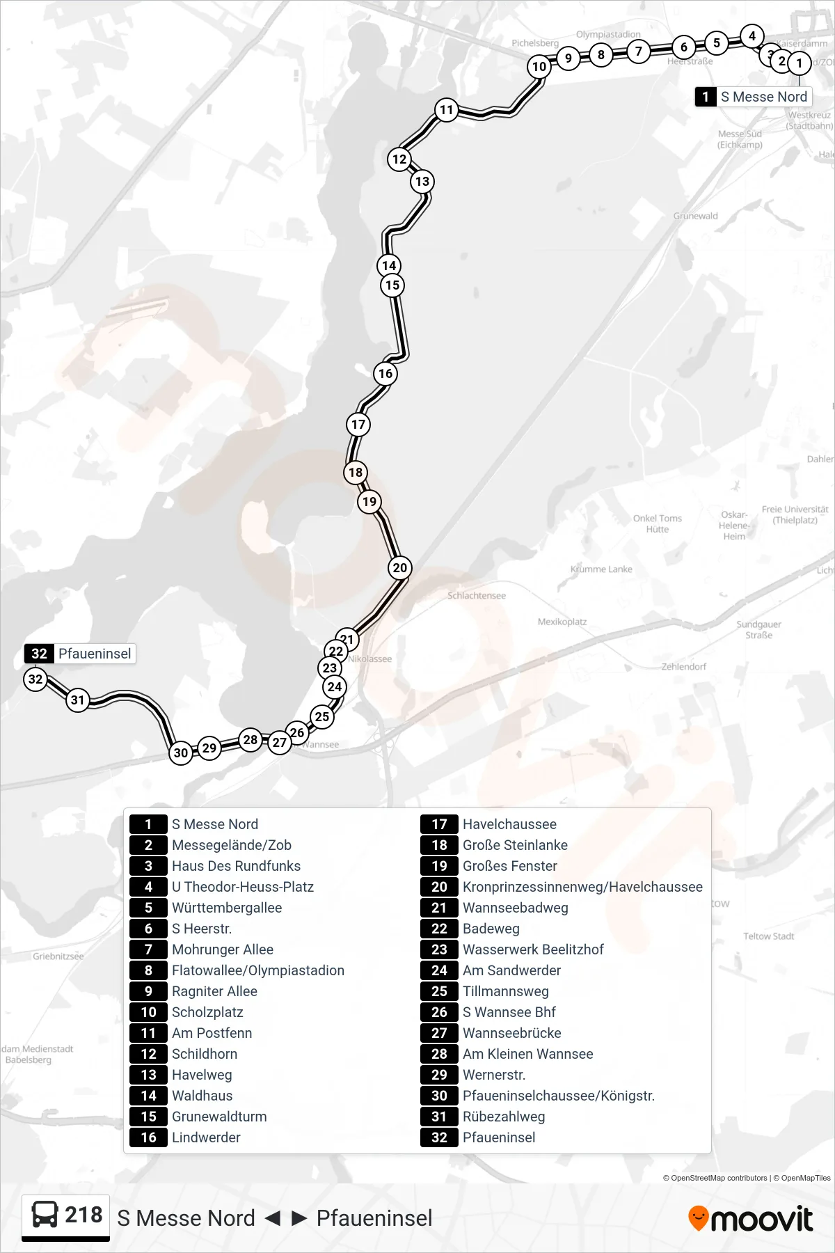 Linie 218 (Bus) Richtung Pfaueninsel: Route und Haltestellen auf der Karte