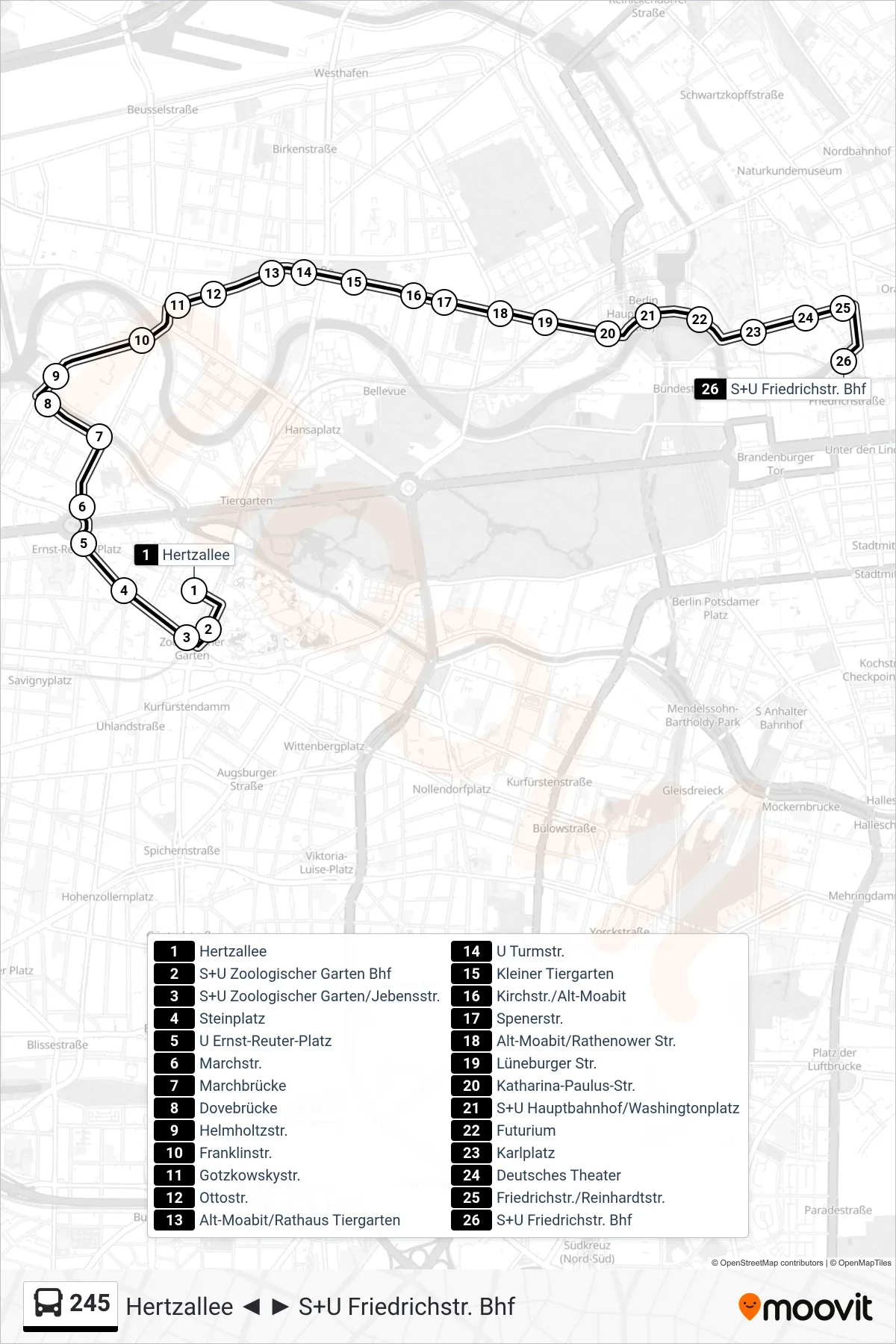 Linie 245 (Bus) Richtung S+U Friedrichstr. Bhf: Route und Haltestellen auf der Karte