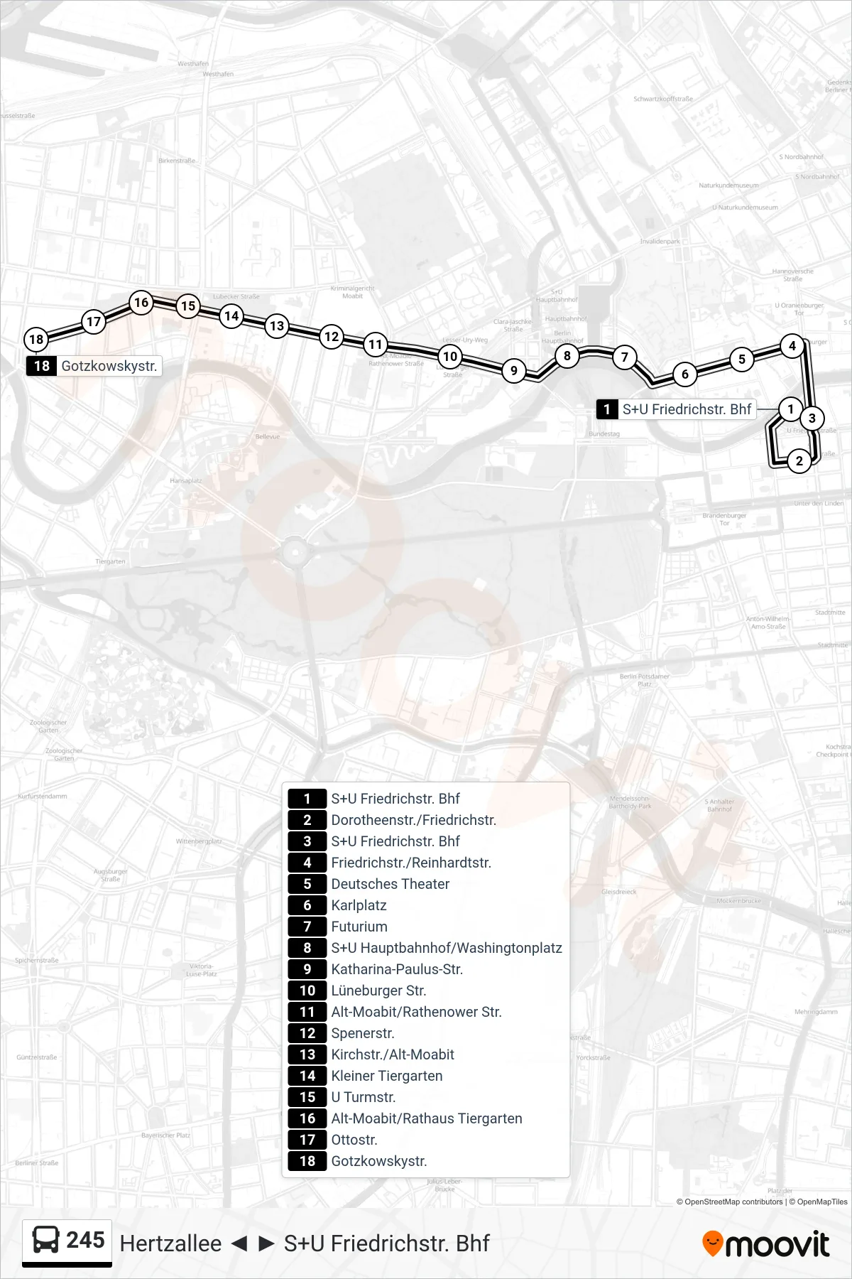Linie 245 (Bus) Richtung Gotzkowskystr.: Route und Haltestellen auf der Karte