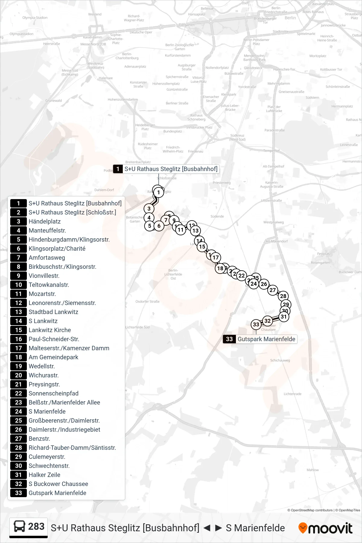 283 bus Line (Gutspark Marienfelde) route and stops on a map