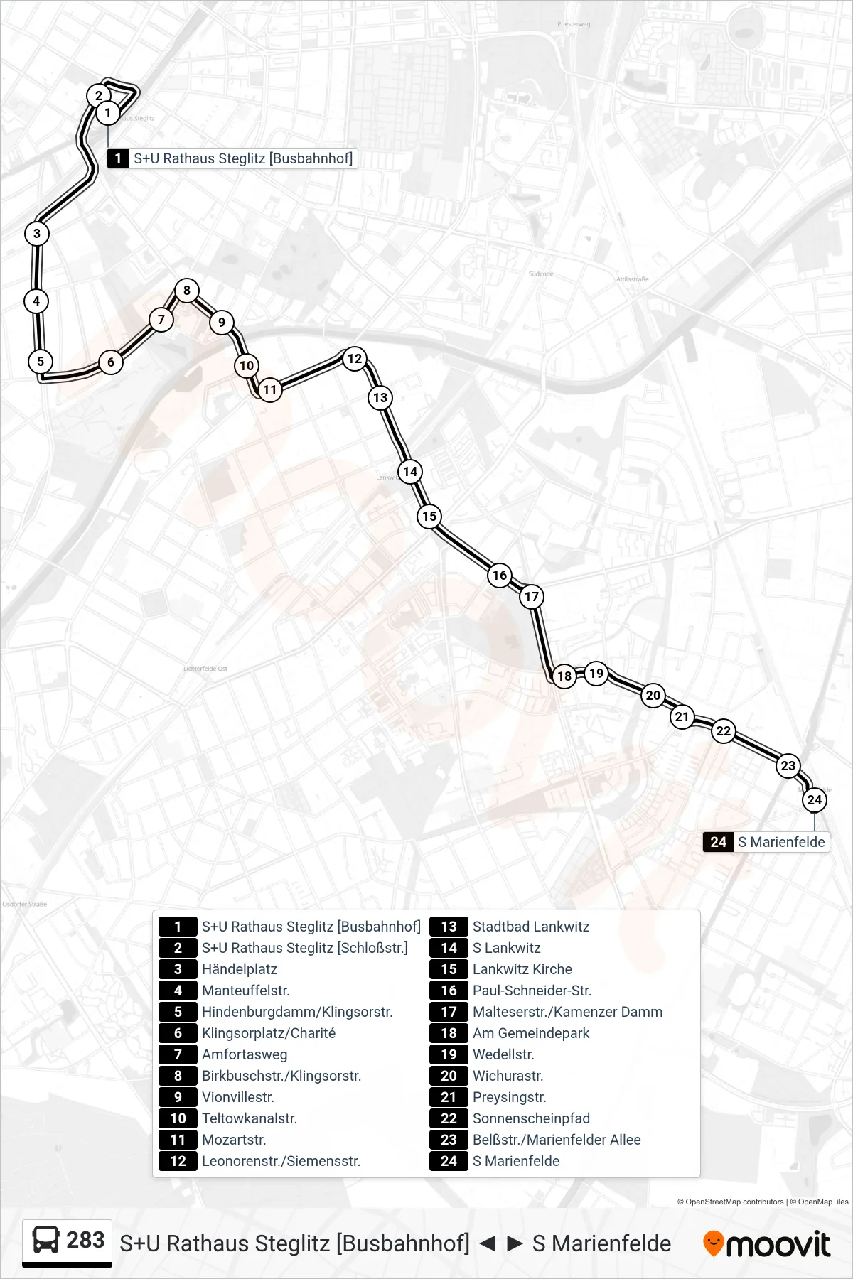 Linie 283 (Bus) Richtung S Marienfelde: Route und Haltestellen auf der Karte
