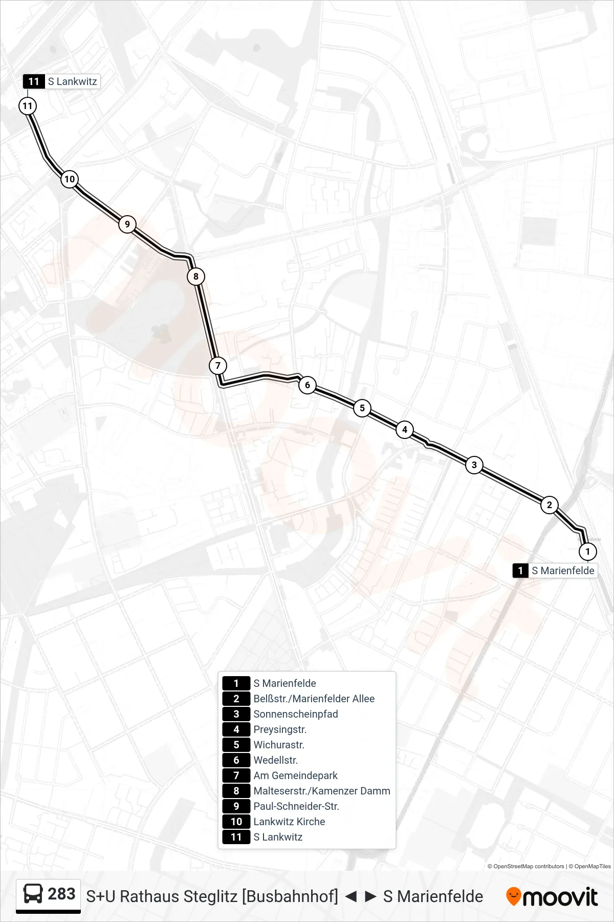 283 bus Line (S Lankwitz) route and stops on a map