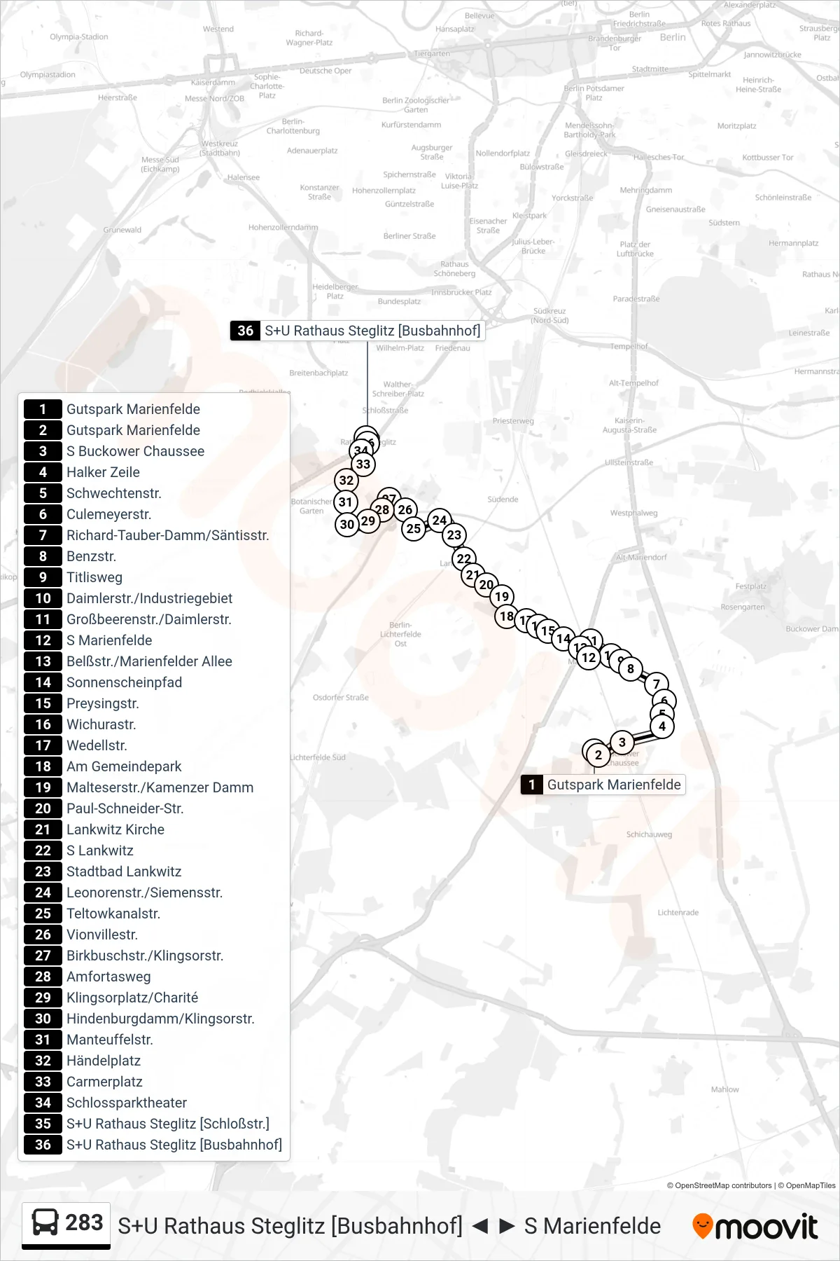 Linie 283 (Bus) Richtung S+U Rathaus Steglitz [Busbahnhof]: Route und Haltestellen auf der Karte