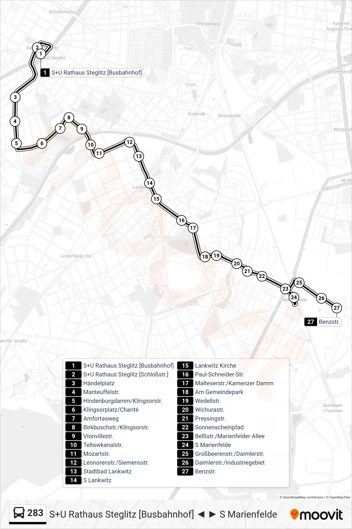Linie 283 (Bus) Richtung Benzstr.: Route und Haltestellen auf der Karte