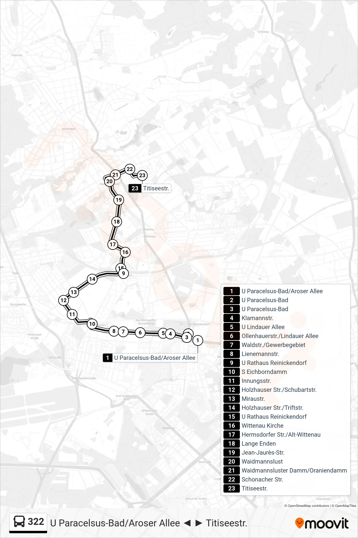 Linie 322 (Bus) Richtung Titiseestr.: Route und Haltestellen auf der Karte