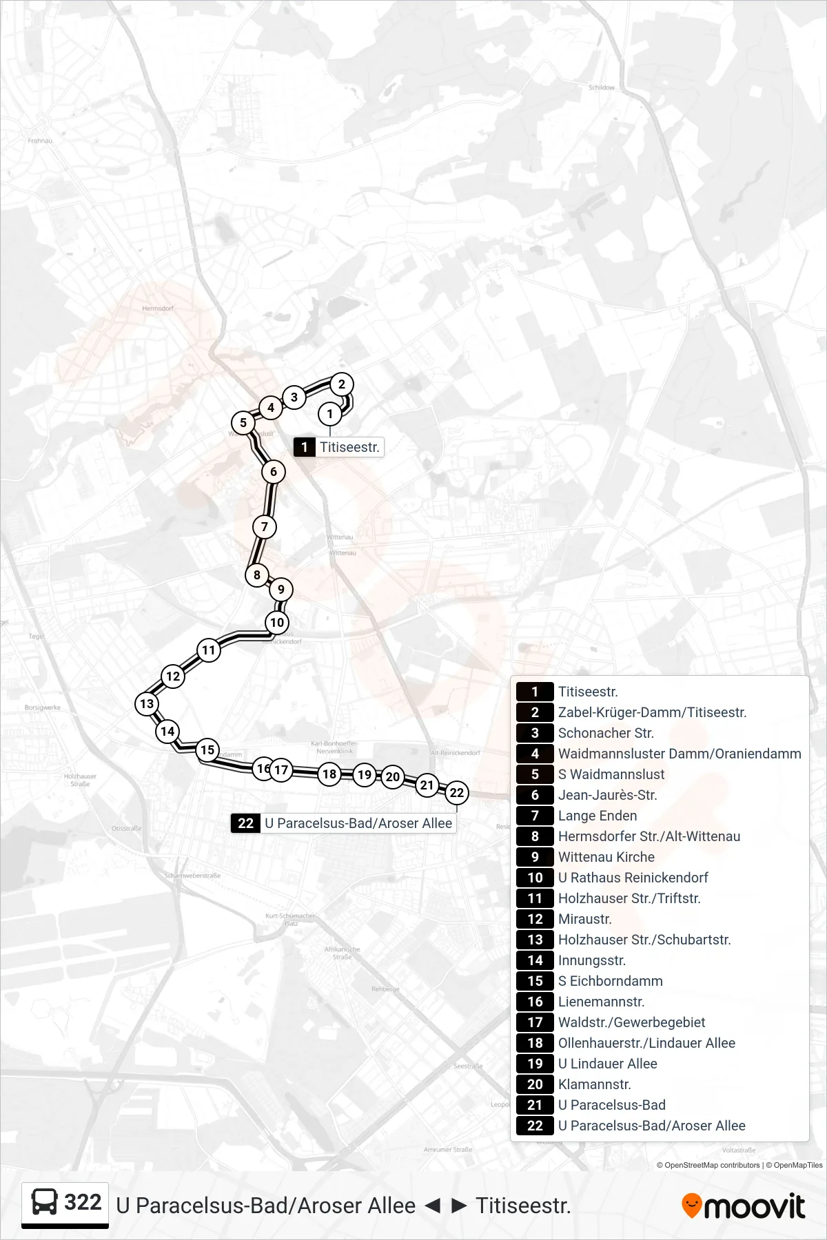 Linie 322 (Bus) Richtung U Paracelsus-Bad/Aroser Allee: Route und Haltestellen auf der Karte