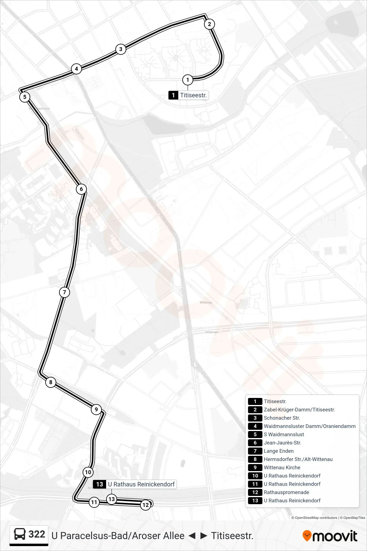 Linie 322 (Bus) Richtung U Rathaus Reinickendorf: Route und Haltestellen auf der Karte