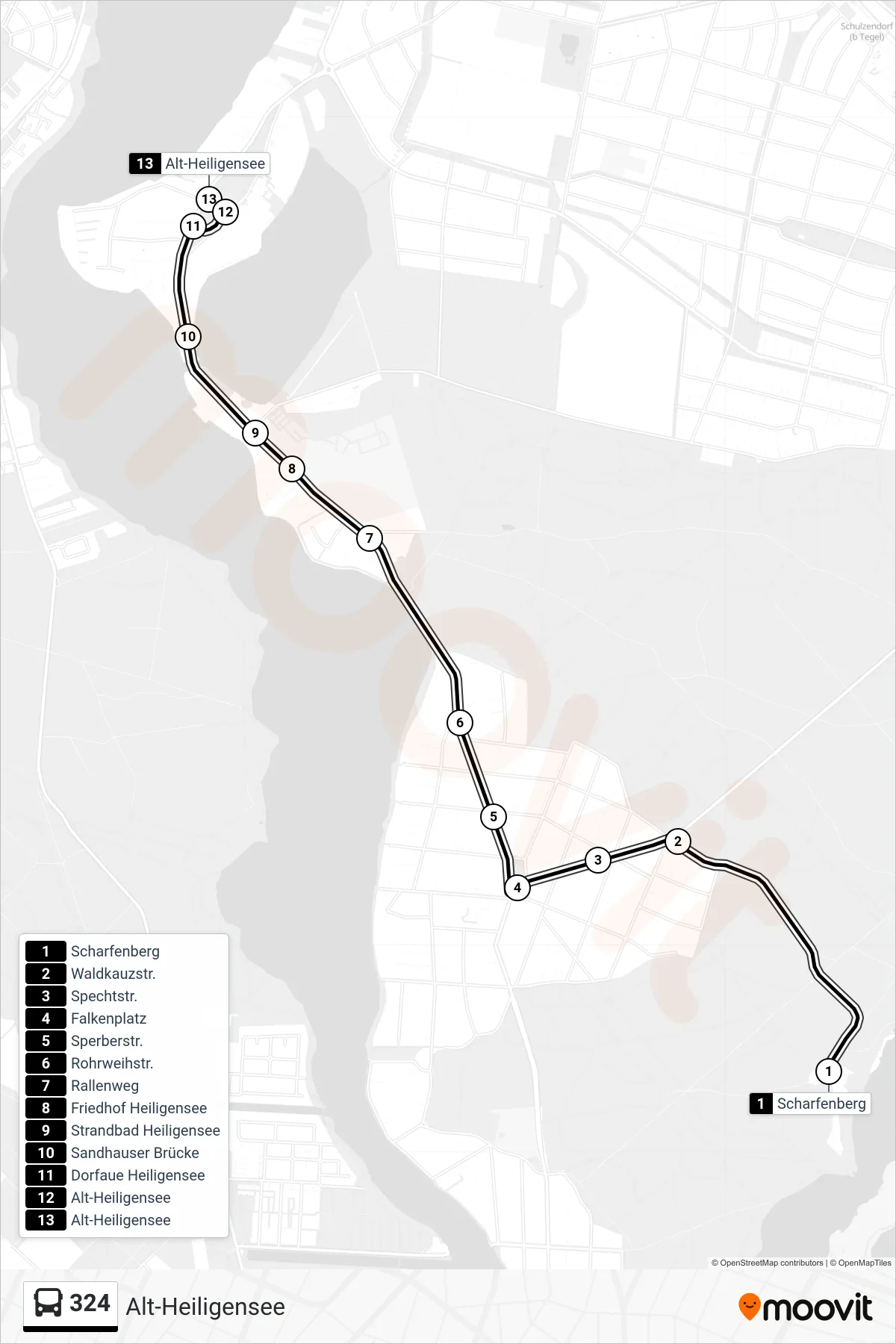 324 bus Line (Alt-Heiligensee) route and stops on a map