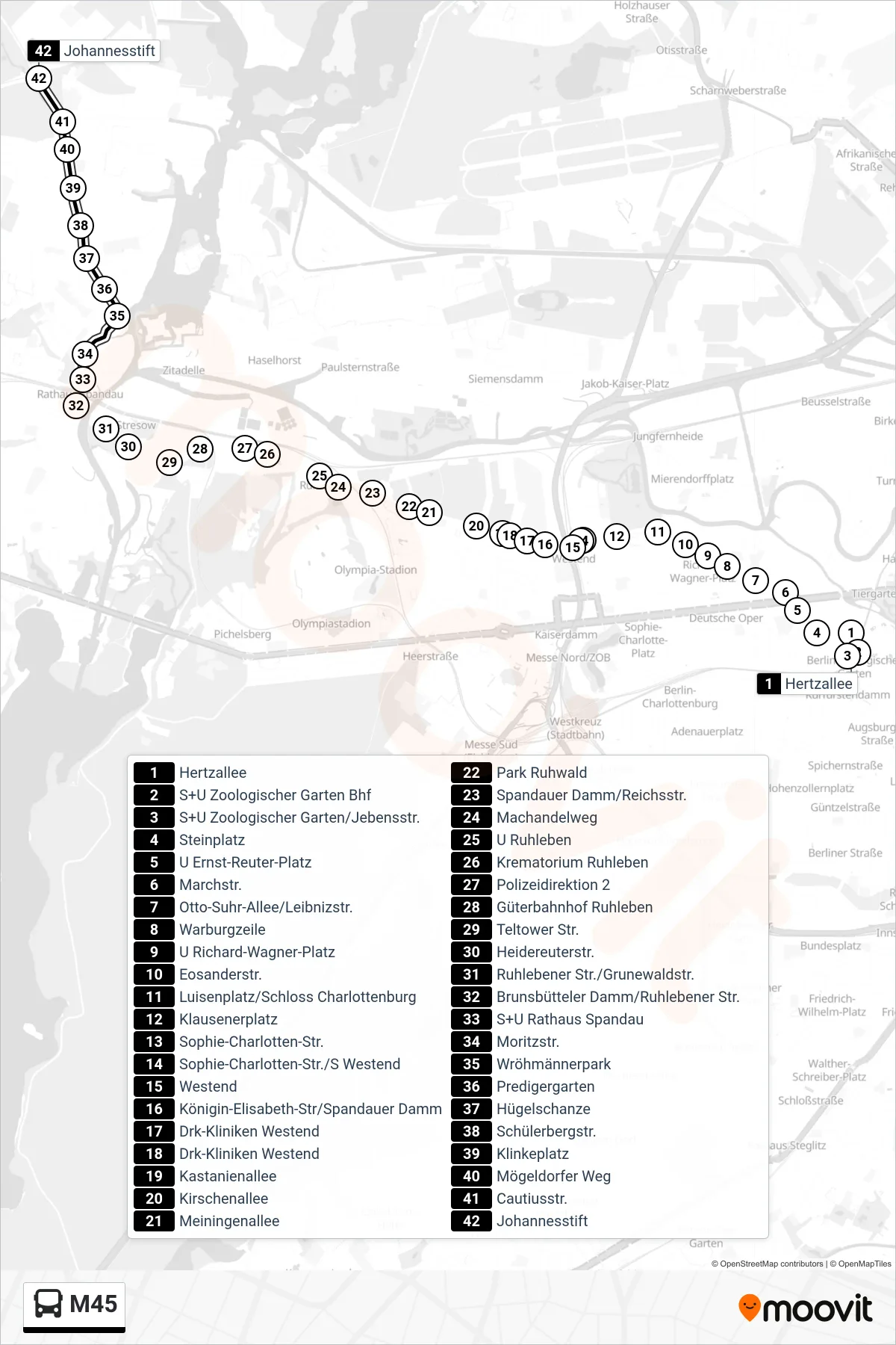 Linie M45 (Bus) Richtung Spandau, Johannesstift: Route und Haltestellen auf der Karte