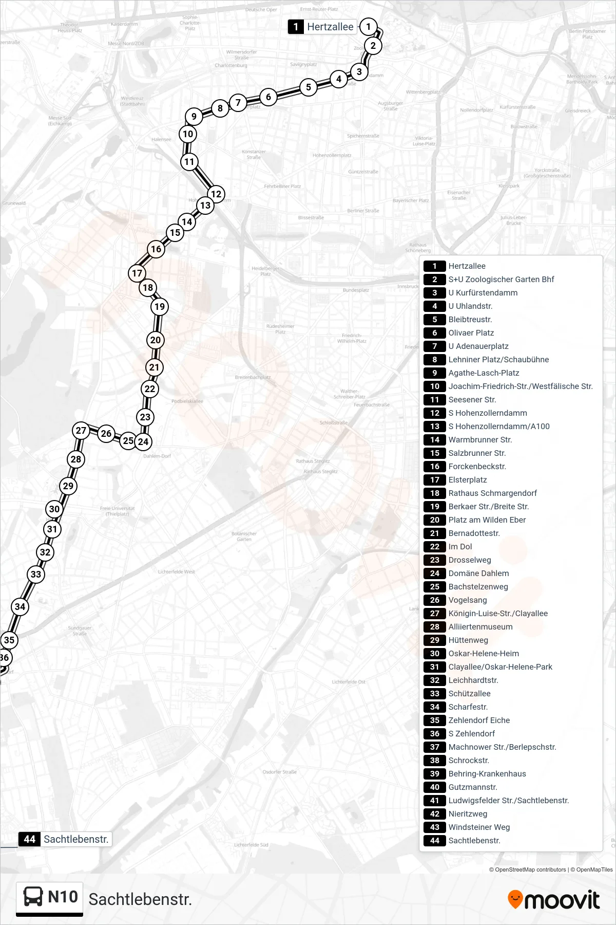 N10 bus Line (Sachtlebenstr.) route and stops on a map