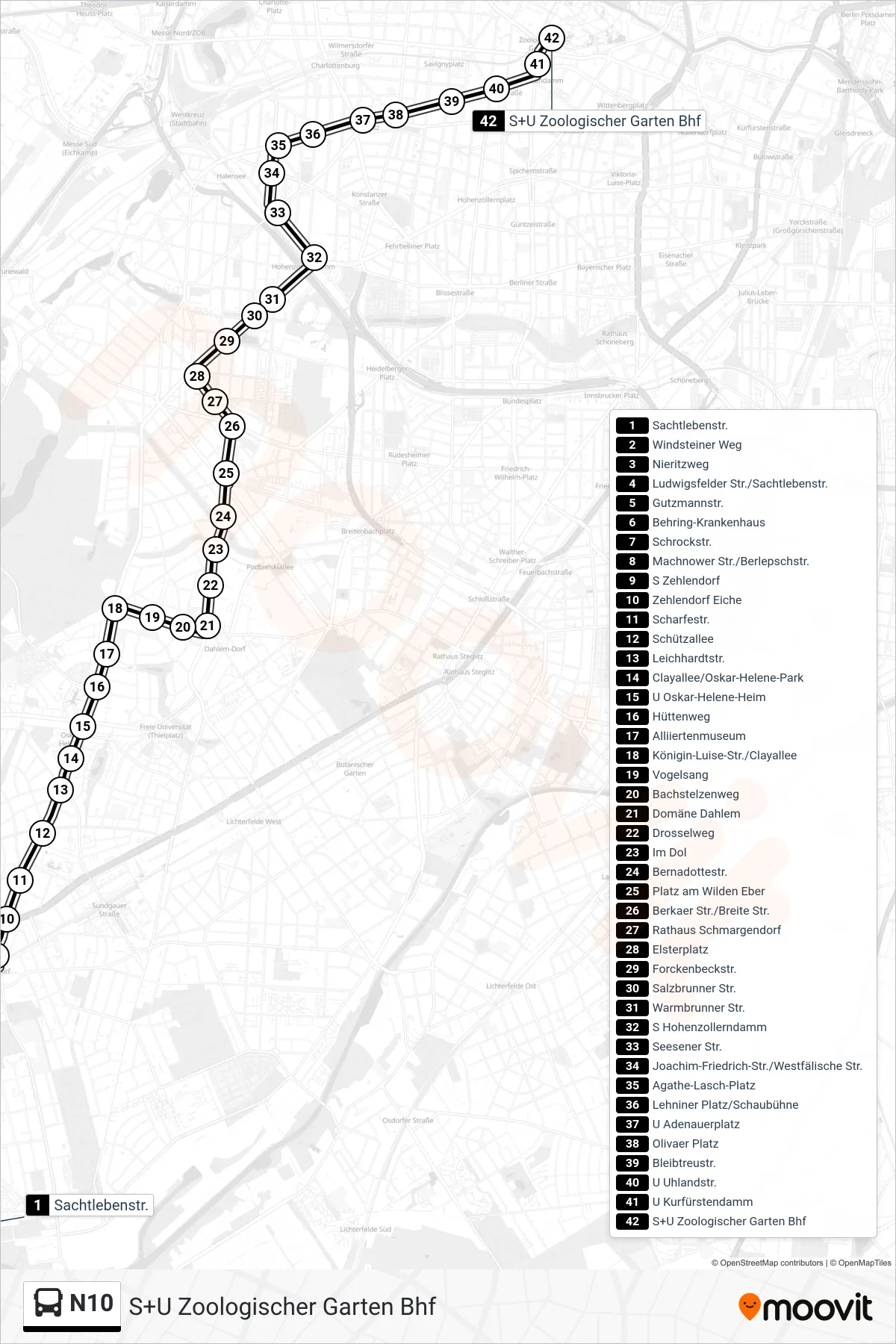 N10 bus Line (S+U Zoologischer Garten Bhf) route and stops on a map