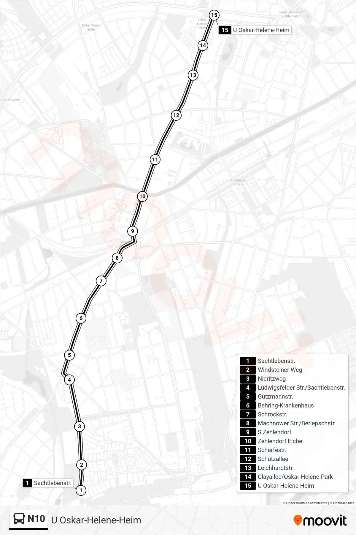N10 bus Line (U Oskar-Helene-Heim) route and stops on a map