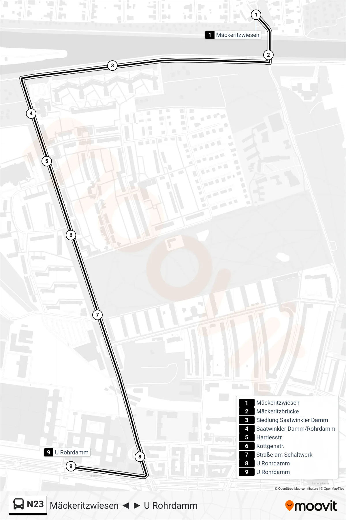 N23 bus Line (U Rohrdamm) route and stops on a map