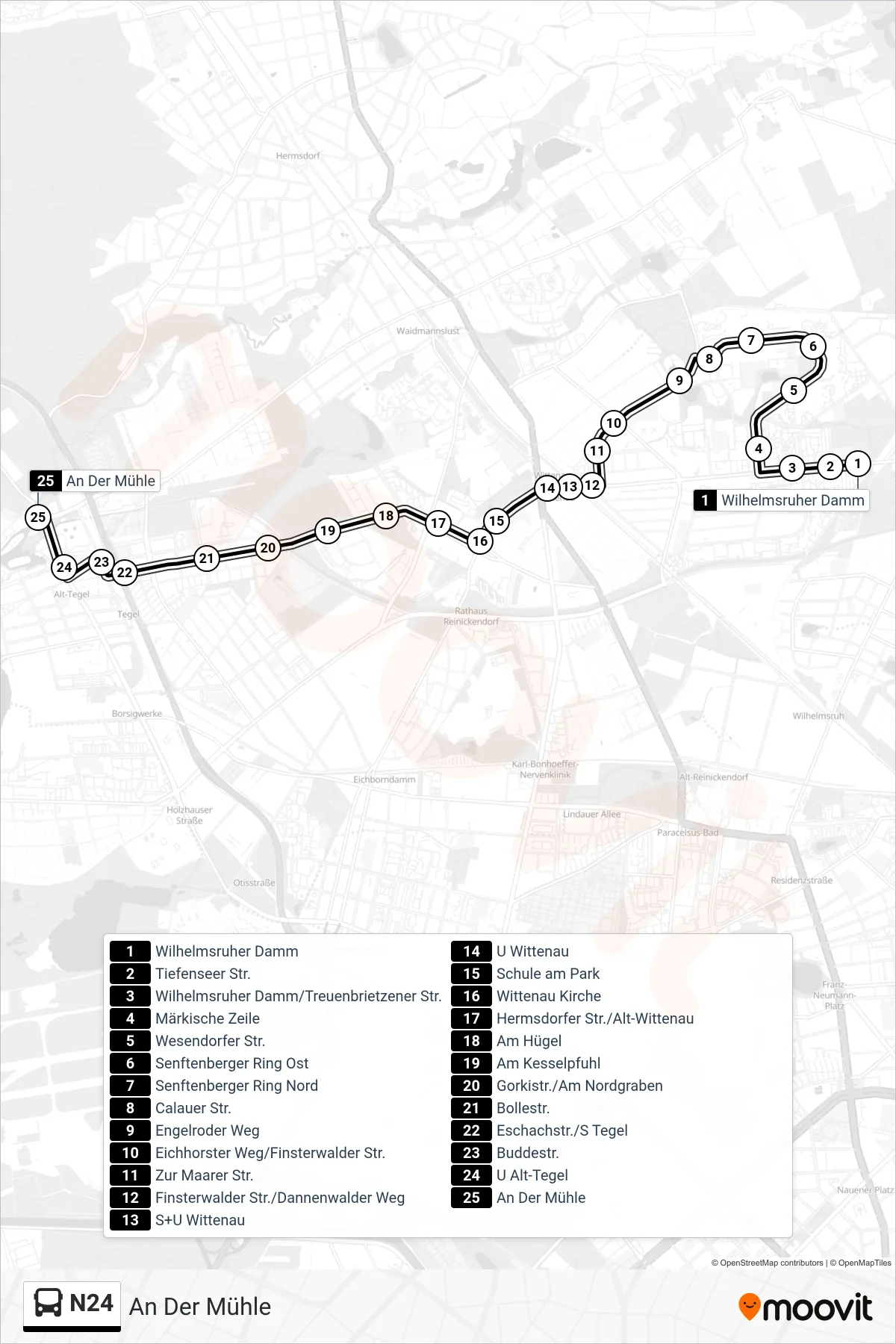 Linie N24 (Bus) Richtung An Der Mühle: Route und Haltestellen auf der Karte
