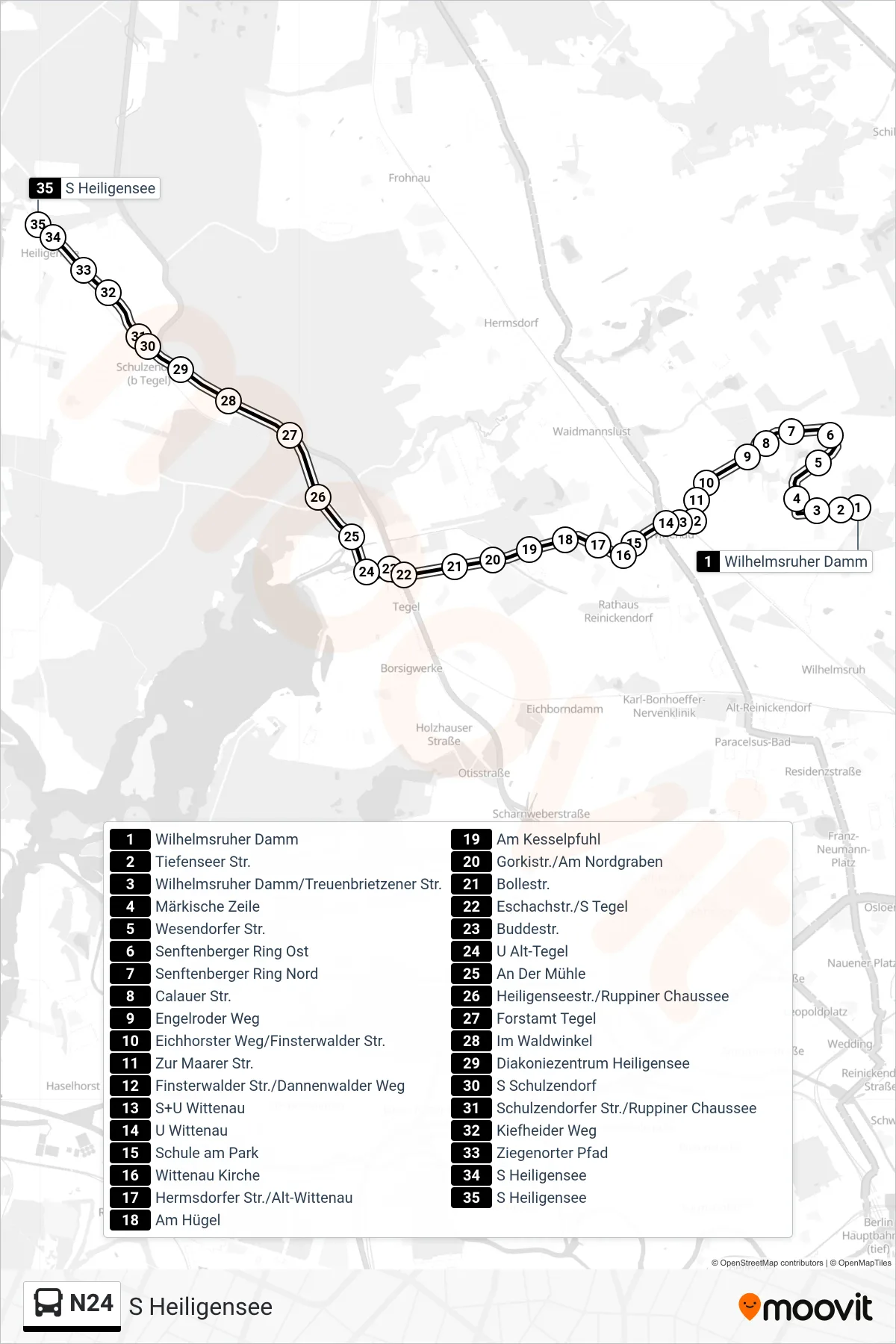 Linie N24 (Bus) Richtung S Heiligensee: Route und Haltestellen auf der Karte