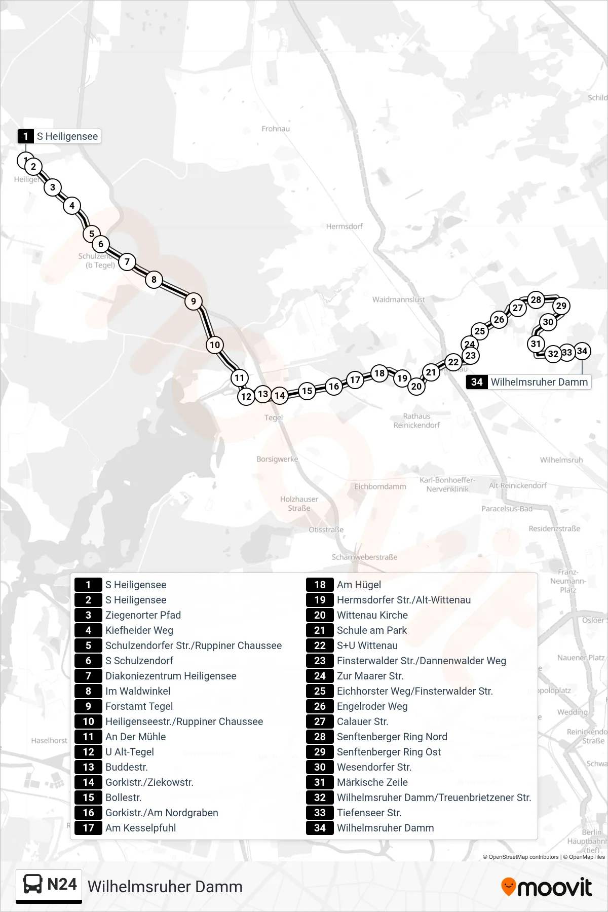 Linie N24 (Bus) Richtung Wilhelmsruher Damm: Route und Haltestellen auf der Karte