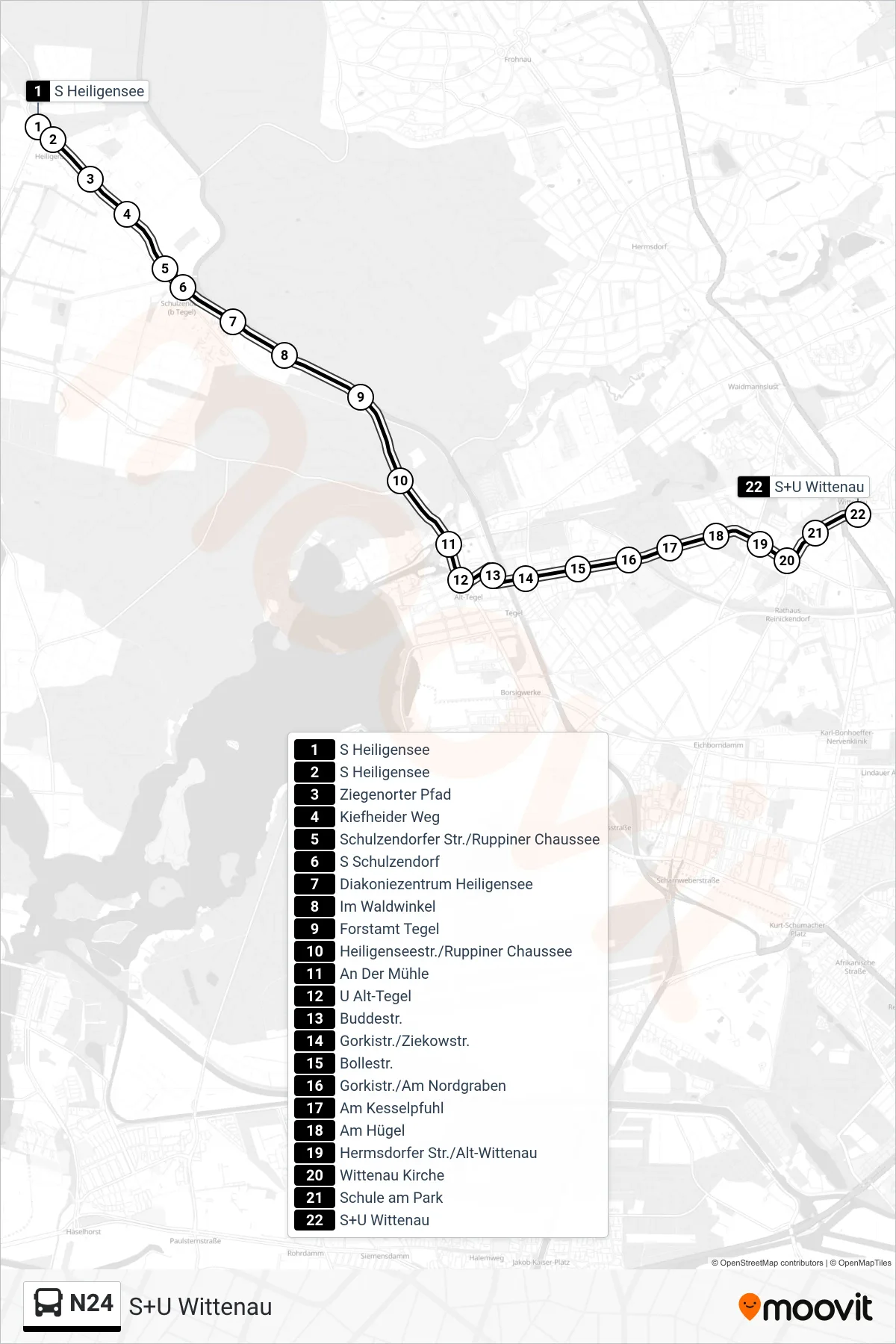Linie N24 (Bus) Richtung S+U Wittenau: Route und Haltestellen auf der Karte