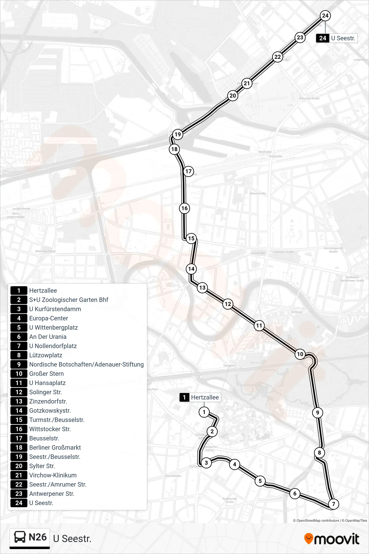 Linie N26 (Bus) Richtung U Seestr.: Route und Haltestellen auf der Karte