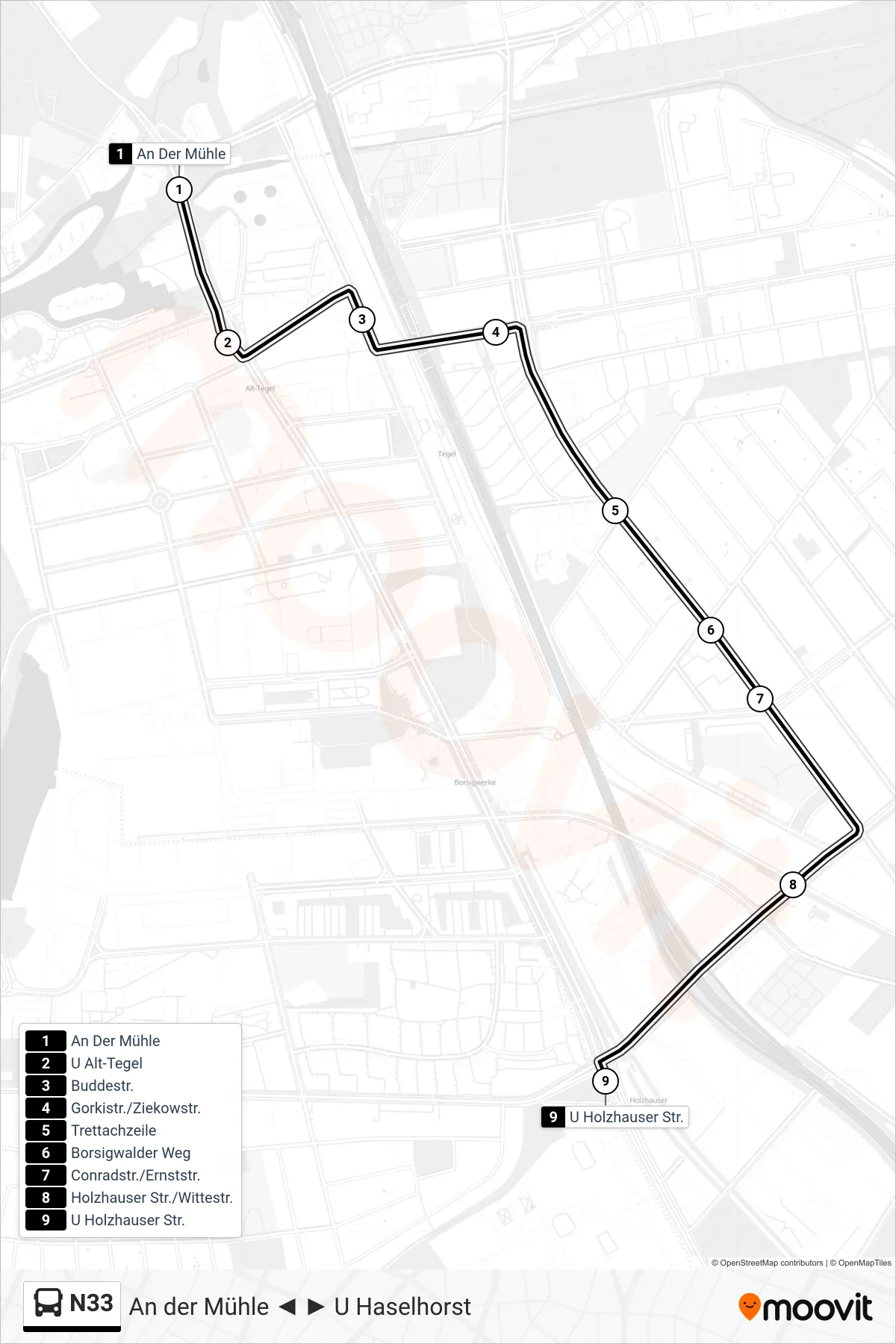 N33 bus Line (U Holzhauser Str.) route and stops on a map
