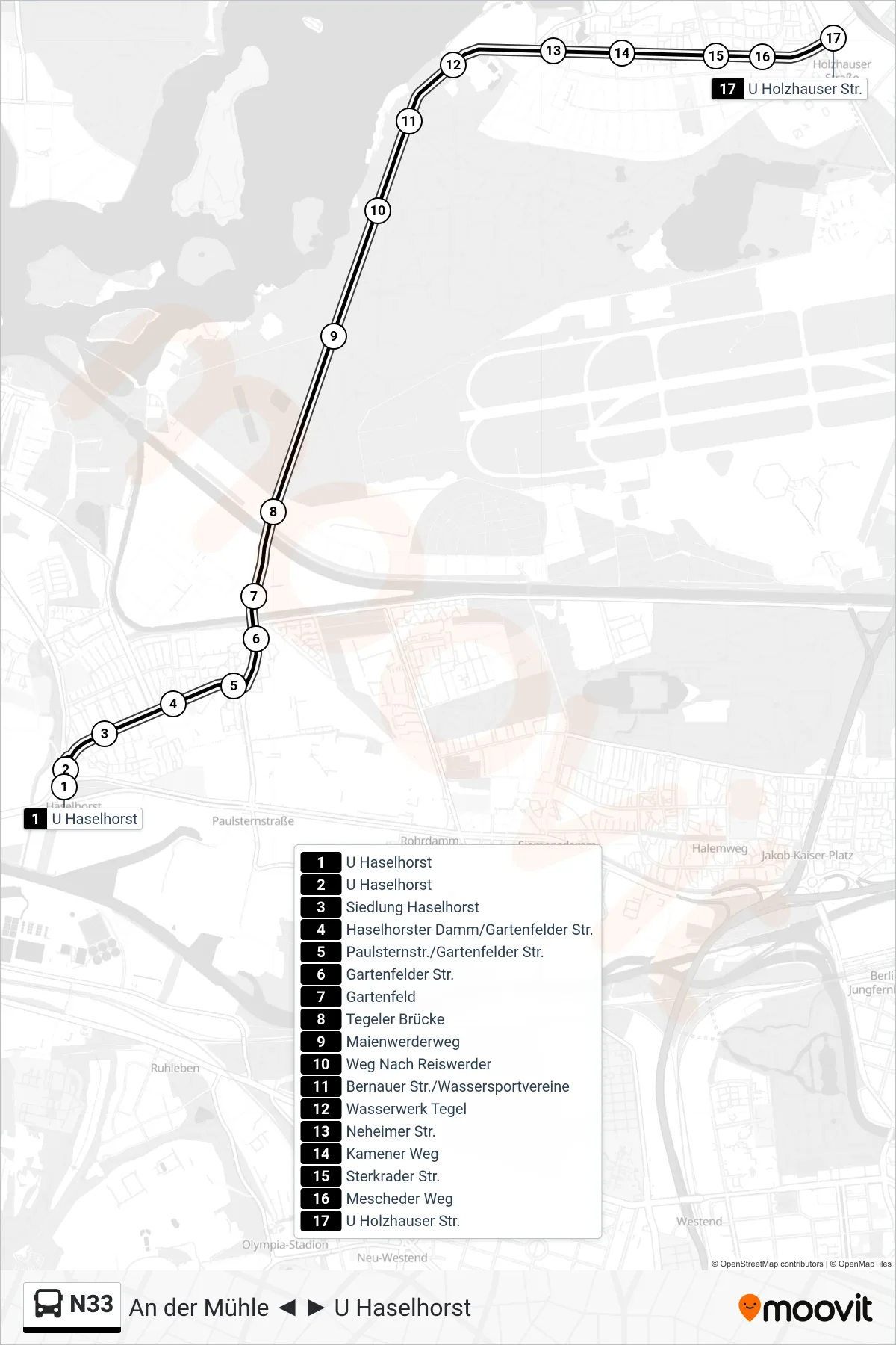 N33 bus Line (U Holzhauser Str.) route and stops on a map